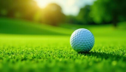 Fototapeta premium A dimpled golf ball rests on a lush green putting surface , image, equipment