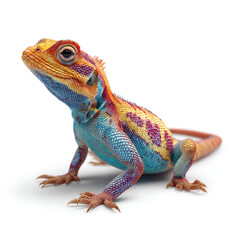 Obraz premium Vibrant lizard with striking multi-colored pattern. Detailed view of its scales, showcasing bright hues of blue, yellow, and purple against a white background