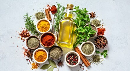 Spices Herbs Olive Oil on White Stone Table Background Culinary Ingredients Cooking Mediterranean Flavor