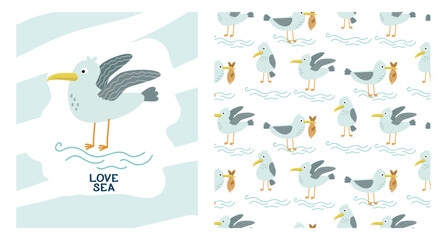 Mysterious seagull, greeting card. Seamless seagull background, cute vector texture for baby bedding, fabric, wallpaper, wrapping paper, textile, t-shirt printing