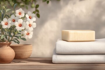Peaceful spa scene with handmade soap bars and towels in natural light &ndash; ideal for wellness branding, eco product ads, or minimalist lifestyle visuals