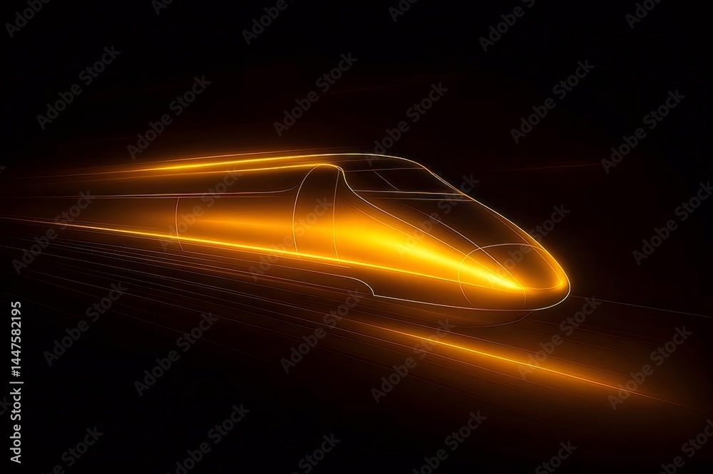 Poster 暗闇の中の光る未来的な高速鉄道の抽象的な表現 黄金色の光の筋が線を描く