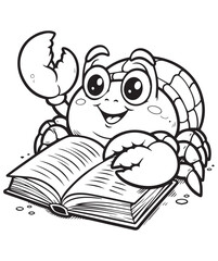 Coloring book crab wearing glasses engrossed in reading a thick book