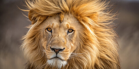 Fototapeta premium Close up of majestic lion with golden mane blowing in wind, showing detailed fur texture and intense eyes in natural setting