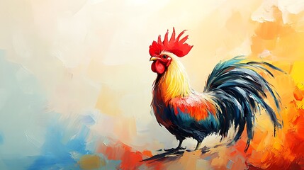 Fototapeta premium Vibrant, colorful rooster painting with visible brush strokes, red comb, and dark tail