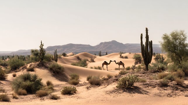 Serene desert landscape featuring camels, cacti and rolling sand dunes with mountains