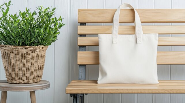Elegant Tote Bag Mockup on Bench with Greenery tote bag canvas bag mockup bench wood wooden bench - Powered by Adobe