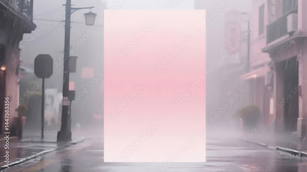 Poster 雨降りの街並みの風景にピンク色の矩形オブジェクト 空と影のコントラストが印象的な芸術的表現