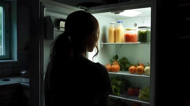 A dark silhouette of a woman in front of a fridge full of food in a old kitchen