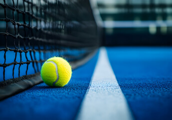 Tennis Ball on Blue Court Near Net