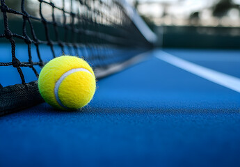 Tennis Ball on Blue Court Near Net