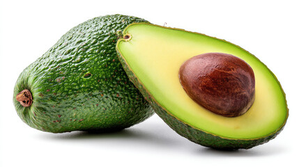 Two avocados, one whole and one halved,  displaying a vibrant green skin and a rich,  creamy-looking interior.  Perfect for healthy eating