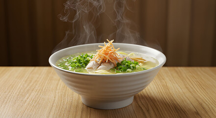 A bowl of steaming ramen sits on a dark wooden table