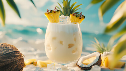 Tropical Pi&ntilde;a Colada Cocktail with Pineapple and Coconut by the Beach