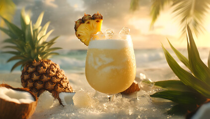 Tropical Pi&ntilde;a Colada Cocktail with Pineapple and Coconut by the Beach