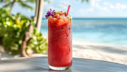 Refreshing Watermelon Slush Drink on a Tropical Beach