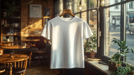Blank white t shirt hanging in sunny cafe soft light blurred background perfect for mockup
