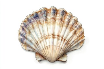 Fototapeta premium A scallop shell, pale beige and tan, with intricate, multi-colored, striped patterns. Its curving, ribbed, fan-shaped structure is clearly visible