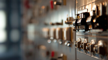 Obraz premium Close-up of various metal hardware components displayed on a wall-mounted panel. Detailed view of switches, levers, and keys