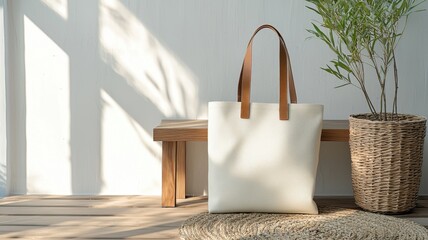 Elegant White Tote Bag on Natural Woven Mat with Plant Pot tote bag canvas bag white bag sustainable