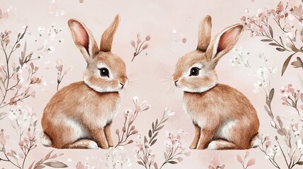 Obraz premium Adorable Pair of Rabbits Relaxing Amidst Vibrant Flowers on Soft Pink Background Creating a Whimsical Scene