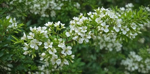 Blooming sprig, petite white flowers, vibrant green foliage, botanical garden beauty, nature, green