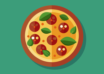  Flat design illustration of a pepperoni pizza with a green basil leaf on a colorful background, representing food, Italian cuisine, and pizza-themed designs.