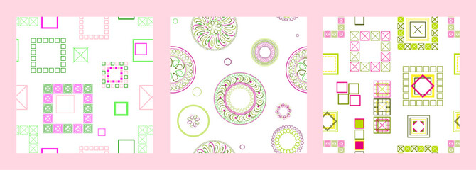 Seamless pattern of geometric shapes. Bright seamless pattern. Set of 3 patterns. Design for fabric, wallpaper, wrapping paper. Vector