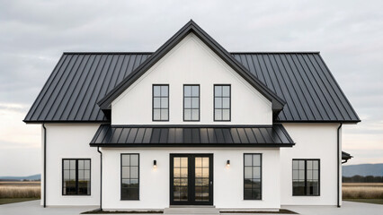Modern farmhouse exterior with black metal roof and white walls, featuring large windows and central glass door, set against cloudy sky and open landscape