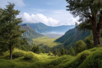 Fototapeta premium Volcano Valley Landscape Scene with Trees and Cloudy Sky