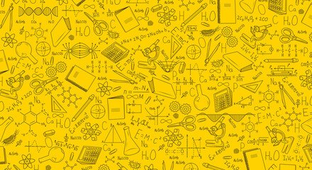 Painted scientific formulas on yellow background, physics, chemistry, geometry, biology. Back to school. Illustration on the theme of school and university. Education and science. Scientific equipment