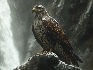 Majestic eagle perched on a snowy rock against a backdrop of a misty waterfall and a rainy environment