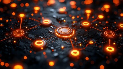Futuristic circuit board with glowing orange nodes.