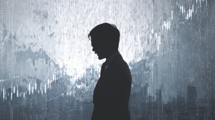 Obraz premium Silhouette of a person in profile, appearing pensive or troubled, against a backdrop of gray, textured, and abstract patterns