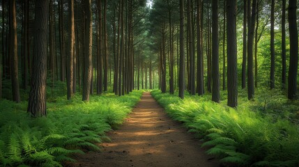 Fototapeta premium Forest pathway surrounded by lush greenery and sunlight filtering through trees