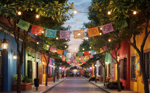 Fototapeta Colorful street decorated with papel picado and festive lights for Cinco de Mayo celebration, showcasing traditional Mexican culture, vibrant architecture, and evening festival atmosphere.