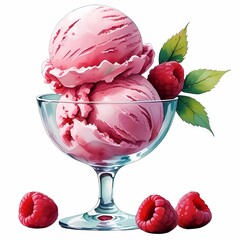 Watercolor raspberry ice cream served in a clear glass bowl with fresh raspberries and mint leaves
