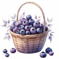 Watercolor blueberries in a rustic basket with leafy accents on a sunny day