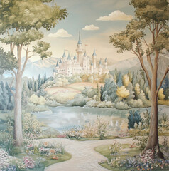 Wallpapering one wall of a children's room with wallpaper depicting a fairy-tale landscape © Eva