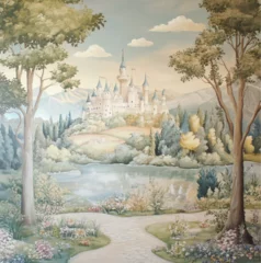 Wallpapering one wall of a children's room with wallpaper depicting a fairy-tale landscape © Eva