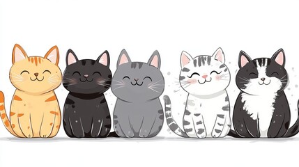 Obraz premium Colorful cartoon cats sitting in a row playful pets adorable feline characters illustration