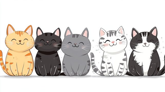 Colorful cartoon cats sitting in a row playful pets adorable feline characters illustration