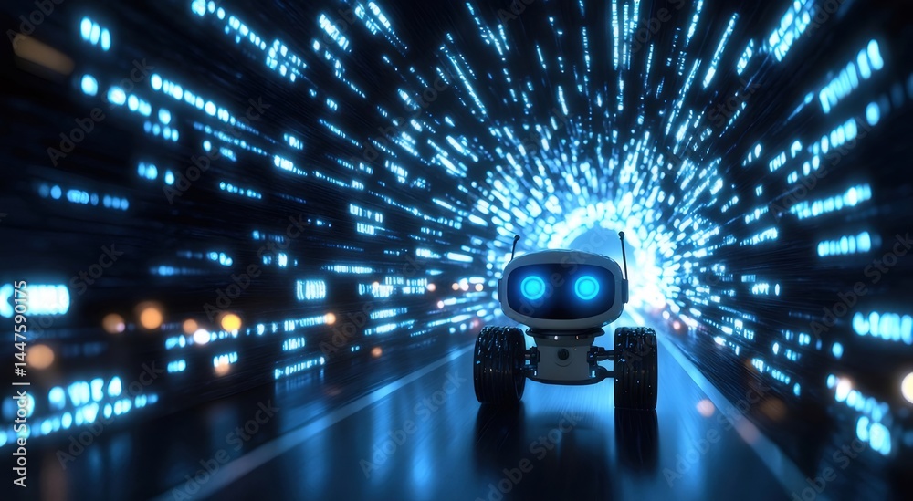 Aufkleber 青い光のトンネルを進むロボットの未来的ビジョン 暗闇の中で光るデジタルデータ 抽象的な技術デザイン