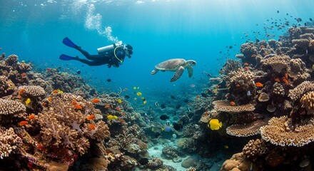 Fototapeta premium Scuba diver swimming among colorful coral reefs, surrounded by vibrant marine life, with sunlight filtering through the water