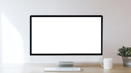Minimalist Workspace with Blank Screen Computer on Wooden Desk