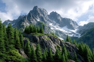 Obraz premium Mountain Peak Vista with Evergreen Forest and Snow Patches