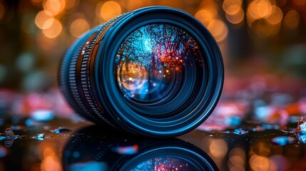 Camera lens reflecting vibrant bokeh lights.