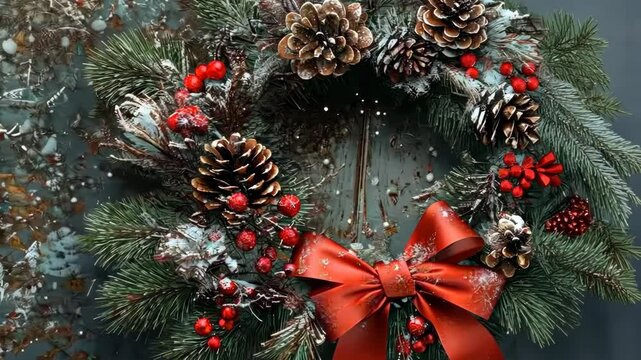 Festive pine cone wreath with red berries transitions to winter wonderland
