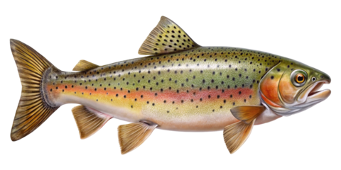 Detailed illustration of a rainbow trout fish against a black backdrop