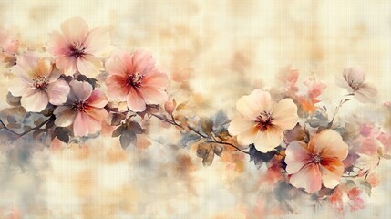 Vibrant Floral Painting Featuring Colorful Blossoms on Soft Beige Background Evoking Calm and Beauty
